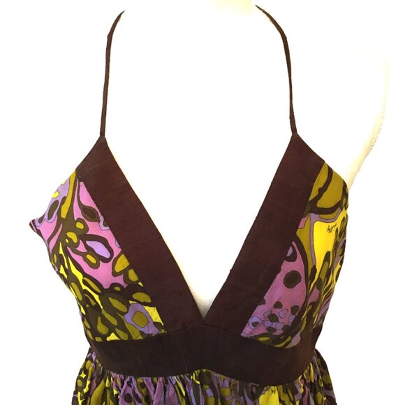 Milly of NY Halter Dress Silk Cotton Abstract Pleated Lined V-neck Women Size 4 - Picture 2 of 16